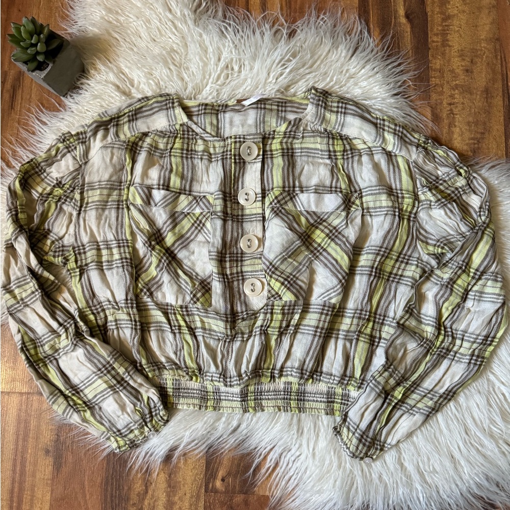 Free People The Good Life Plaid Crop Henley Blouse